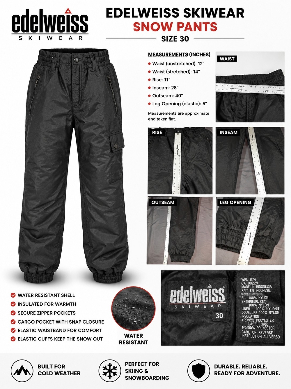 EDELWEISS SKIWEAR BLACK SNOW PANTS — SIZE 30